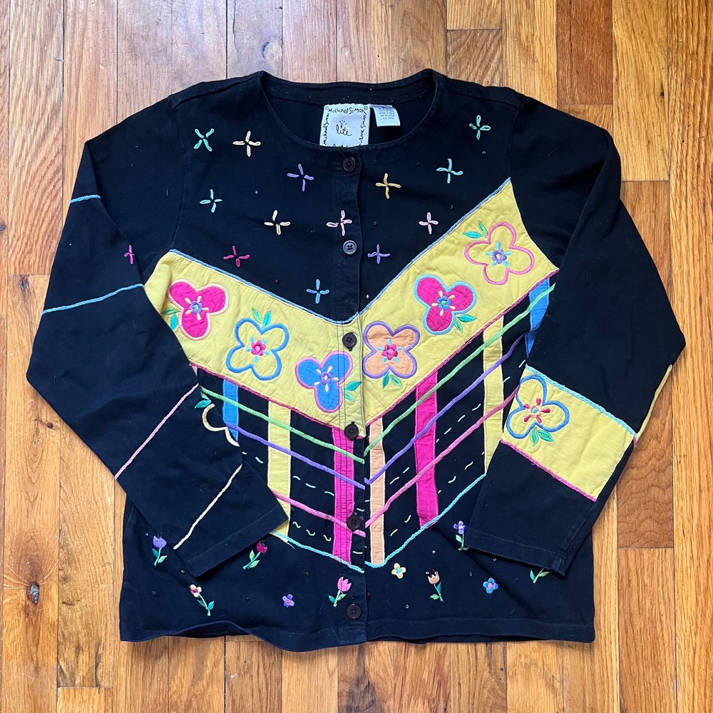 Vintage Michael Simon Lite Colorful Embroidered Flower Button Front Cardigan